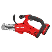 Photo of Craftsman cordless mini chainsaw CMCCS320D1, red and black, side angle on white background.