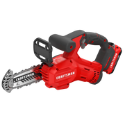 Photo of Craftsman cordless mini chainsaw CMCCS320D1, red and black, side angle on white background.
