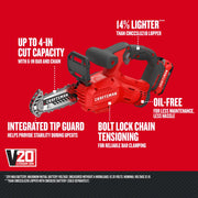 Craftsman V20 lithium ion cordless chainsaw CMCCS320D1, red, side angle, integrated tip guard, 6-in bar.
