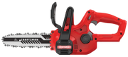 Photo of Craftsman cordless chainsaw, model CMCCS610B, red and black, side angle on white background.