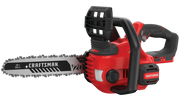 Photo of Craftsman CMCCS620B cordless chainsaw, red and black, side angle on white background.