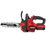 Photo of Craftsman cordless chainsaw CMCCS620M1, red and black, side angle, V20 lithium-ion battery visible.