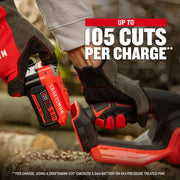Photo of Craftsman V20 cordless chainsaw CMCCS630P1 in use, close-up of battery installation, text highlights up to 105 cuts per charge.