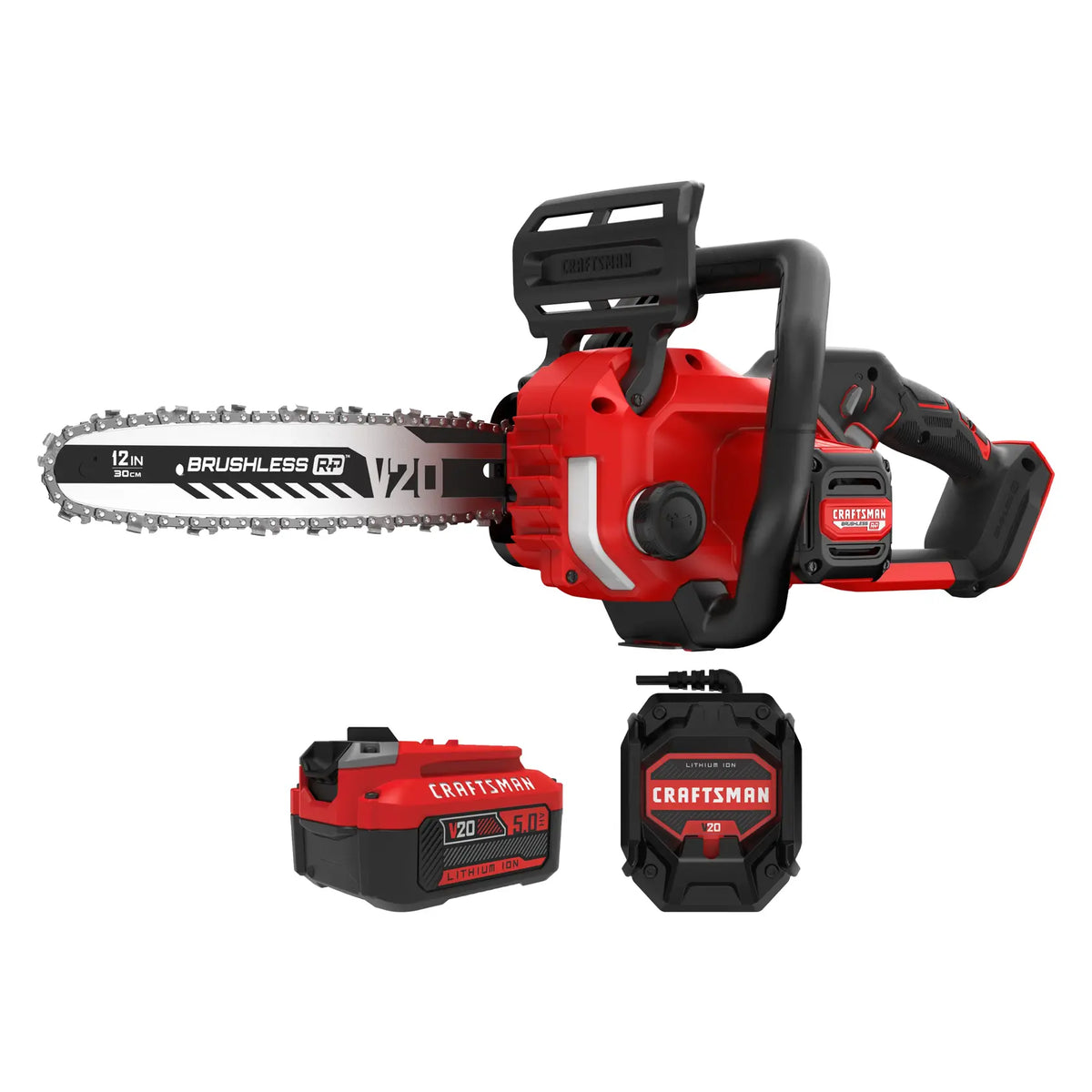 Photo of CRAFTSMAN V20 brushless chainsaw with battery and charger, model CMCCS630P1, front angle, white background.