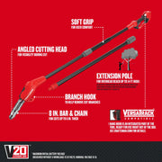 Photo of Craftsman V20 pole saw CMCCSP20B with angled cutting head, branch hook, extension pole, and 8 in. bar & chain.