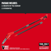 Photo of Craftsman pole chainsaw with red and black body, extension pole, SKU CMCCSP20B, on red background.