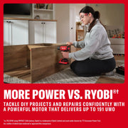 Person uses a CRAFTSMAN cordless drill on wood furniture with 'More Power vs. Ryobi' text on red background.