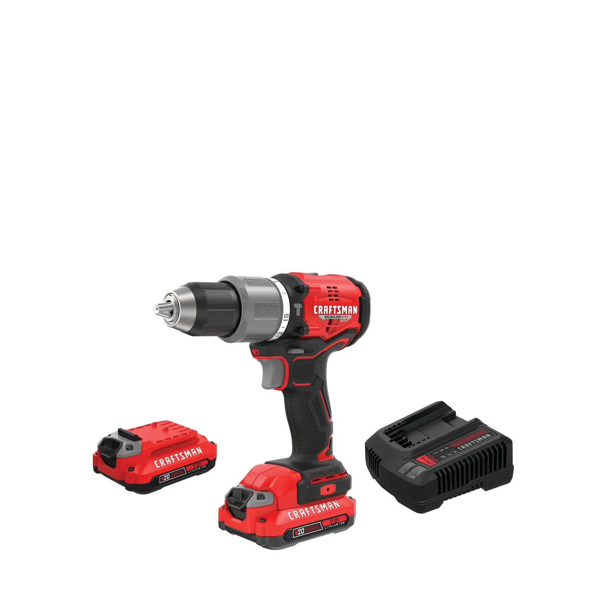Photo of Craftsman CMCD732D2 cordless drill kit with red and black drill, two batteries, and charger shown on white background.
