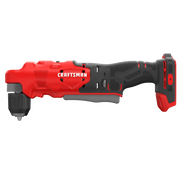 Craftsman CMCD750B cordless right angle drill, red and black, side view on white background.