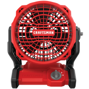 Front view of Craftsman portable fan, SKU CMCE001B, red and black with adjustable dial on the base, white background.