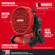 Photo of CRAFTSMAN portable fan CMCE001B with pivoting head, red body, 3 speed settings, AC/DC power on white background.