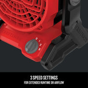 Photo of CRAFTSMAN graphics fan CMCE001B with red housing, speed dial, and visible brand name on black base.