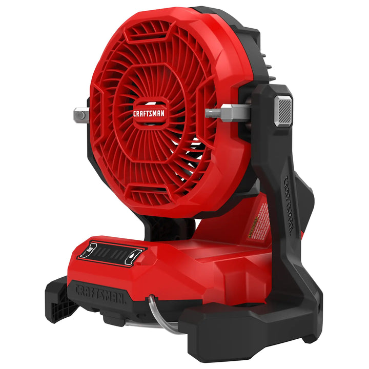 Photo of Craftsman cordless portable fan CMCE003B, red and black, front angled view on white background.