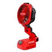 Photo of Craftsman cordless red fan, SKU CMCE010B, angled view, adjustable head and compact base.