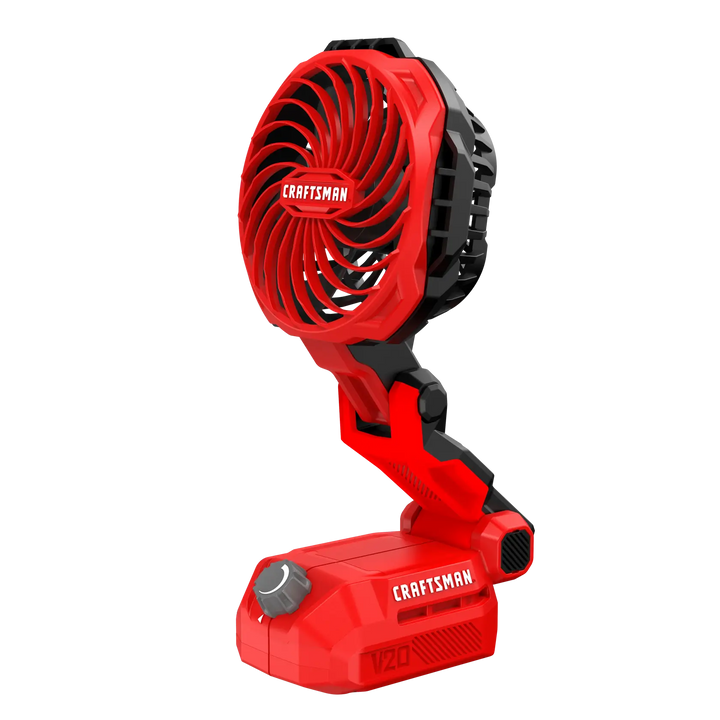 Photo of Craftsman cordless red fan, SKU CMCE010B, angled view, adjustable head and compact base.