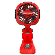 Front angle photo of Craftsman red portable fan, SKU CMCE010B, with adjustable base and black blades.