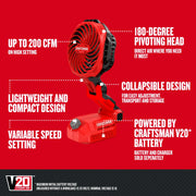 Craftsman portable fan CMCE010B with collapsible design, variable speed, V20 battery, side angle.
