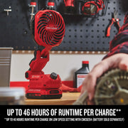Photo of Craftsman red cordless fan CMCE010B on workbench, adjustable head, workshop background.
