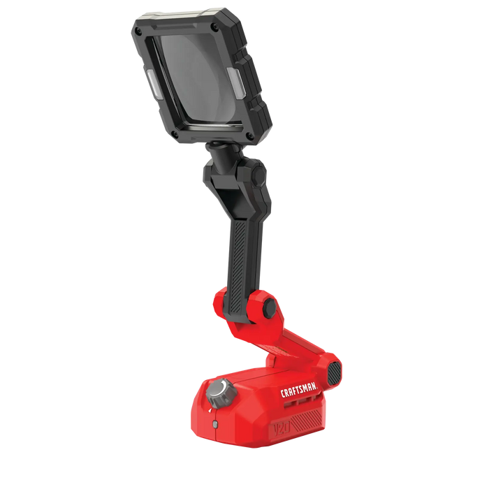 Photo of Craftsman work light CMCE020B, red and black, adjustable arm, front angle on white background.