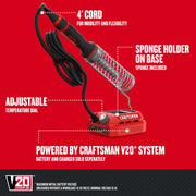 Craftsman CMCE040B soldering iron with adjustable dial, 4' cord, sponge holder, V20 base, front angle photo.