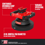 Craftsman red cordless orbital polisher with contoured grip, variable speed dial, SKU CMCE100B, front angle.