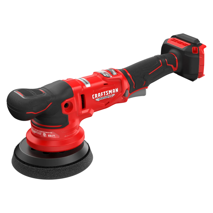 Photo of Craftsman cordless polisher CMCE150, red and black, side angle on white background.