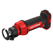 Photo of Craftsman rotary tool CMCE200B, cordless, red and black, angled on white background.