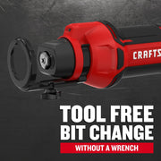 Photo of CRAFTSMAN power tool CMCE200B showing tool-free bit change feature and red-black body, side angle.