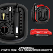 Photo of Craftsman inflator CMCE520B kit with V20 battery, hoses, adaptors, shown on a white background.
