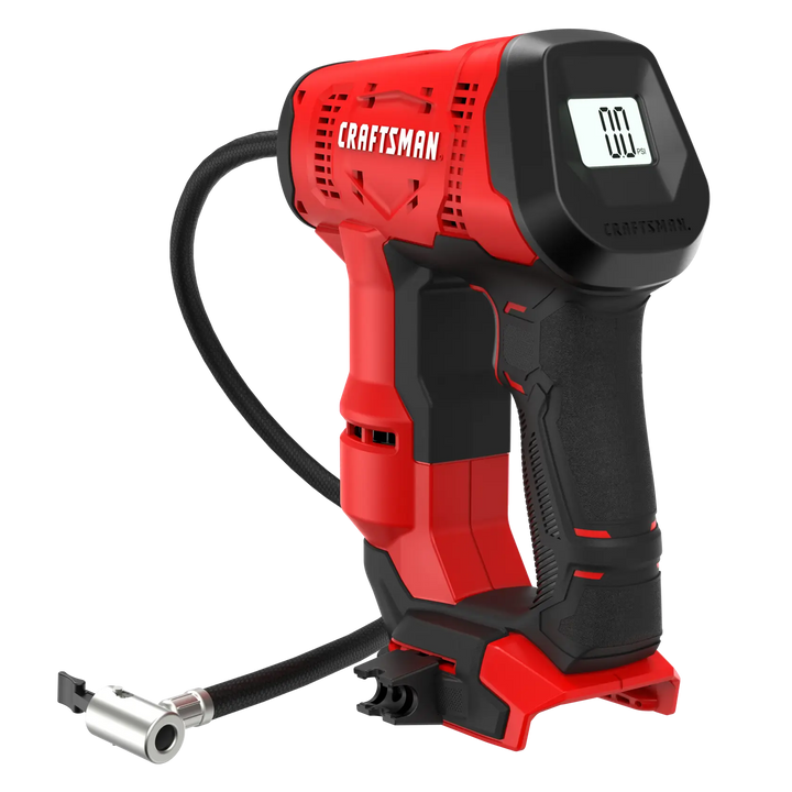 Craftsman cordless inflator CMCE521B, red and black, side angle, digital display, hose attached.