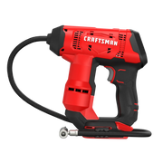 Photo of Craftsman portable tire inflator CMCE521B, red and black, side view on white background.