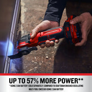 Photo of Craftsman cordless oscillating multi-tool CMCE565B cutting trim, showing red and black tool in use.