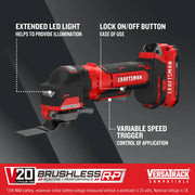 Photo of CRAFTSMAN oscillating tool, SKU CMCE565D1, with extended LED light, lock button, and variable speed trigger.