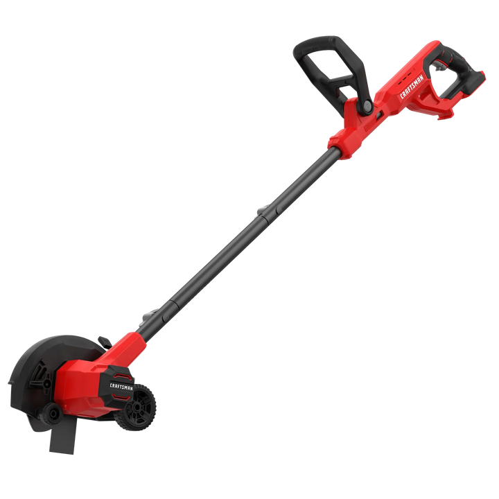 Photo of Craftsman CMCED400B cordless lawn edger, red and black, side angle on white background.
