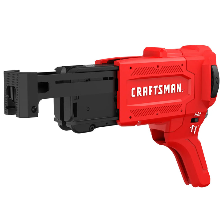 Photo of Craftsman CMCF6001 red and black cordless drywall screw gun, side angle on white background.