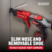 Photo of Craftsman drywall screw gun CMCF6001 with slim nose and removable shoe, used in a tight corner.