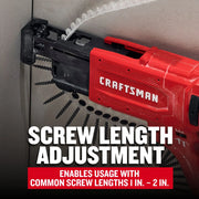 Photo of CRAFTSMAN CMCF6001 red screw gun in use, feeding collated screws, showing screw length adjustment feature.