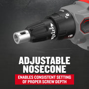 Craftsman CMCF600B graphics of adjustable nosecone feature on screw gun, close-up side angle.