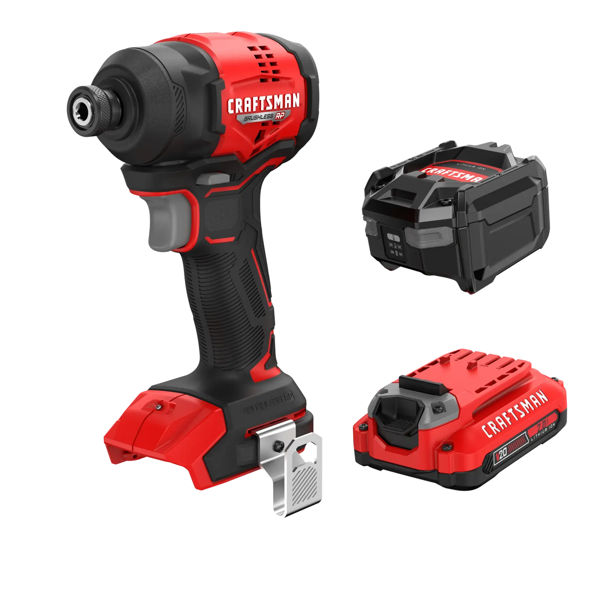Photo of Craftsman CMCF811D1 cordless impact driver kit with red and black tool, battery pack, and charger, front angle.
