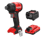 Photo of Craftsman CMCF811D1 cordless impact driver kit with red and black tool, battery pack, and charger, front angle.