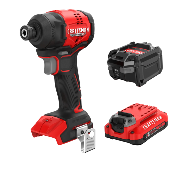 Photo of Craftsman CMCF811D1 cordless impact driver kit with red and black tool, battery pack, and charger, front angle.