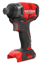 Photo of Craftsman brushless impact driver, SKU CMCF813B, red and black, angled on white background.