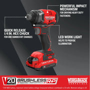 CRAFTSMAN CMCF813C1 cordless impact driver with brushless motor and V20 battery, front angle.