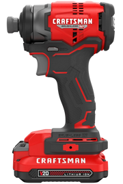 Photo of Craftsman CMCF813C2 cordless impact driver, red and black, side angle on white background.