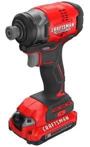 Photo of Craftsman V20 brushless cordless impact driver, SKU CMCF813C2, red and black, front left angle.