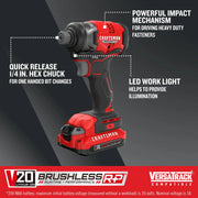 Photo of Craftsman brushless RP impact driver, SKU CMCF813C2, with quick release chuck, LED light, side angle.