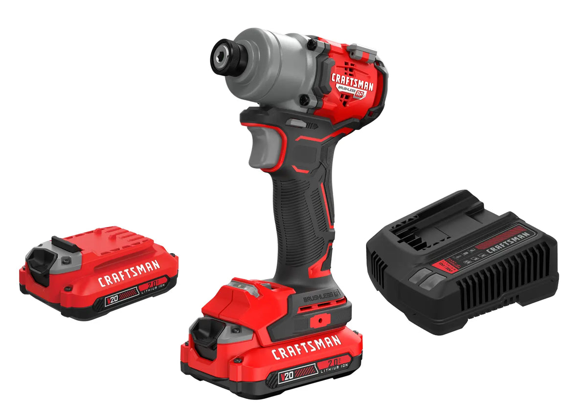 Photo of Craftsman CMCF830D2 cordless impact driver kit with two red batteries and charger, front angle.