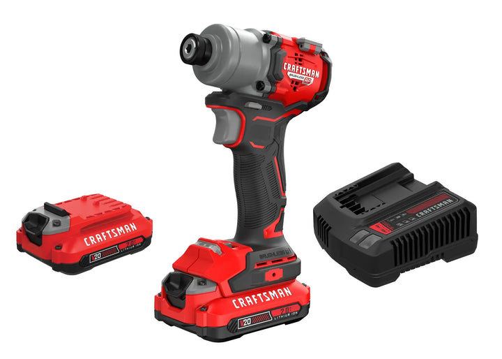 Photo of Craftsman CMCF830D2 cordless impact driver kit with two red batteries and charger, front angle.