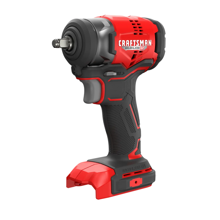Photo of CRAFTSMAN cordless impact wrench, red and black, front left angle, SKU CMCF911B.
