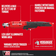 Craftsman red cordless ratchet tool CMCF930B, side view, features LED, Versatrack compatible, variable speed trigger.